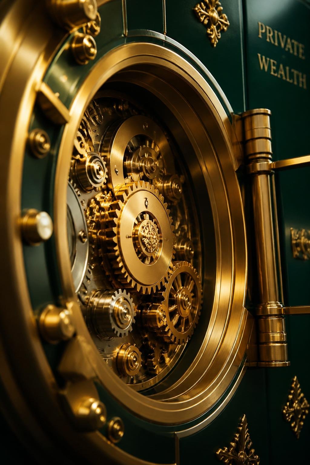 Mecanismo dourado de cofre, metáfora da engenharia patrimonial aplicada ao consórcio estruturado